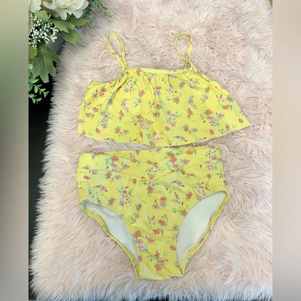 OshKosh B’gosh Yellow Ditsy Floral Ruffle 2 Piece Hi Waisted Bikini Sz 14 Girls‎